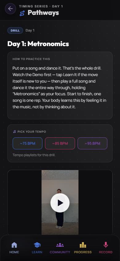 Drill screen for Day 1 Metronomics with practice instructions, tempo choices, and Jesse's demo video playing